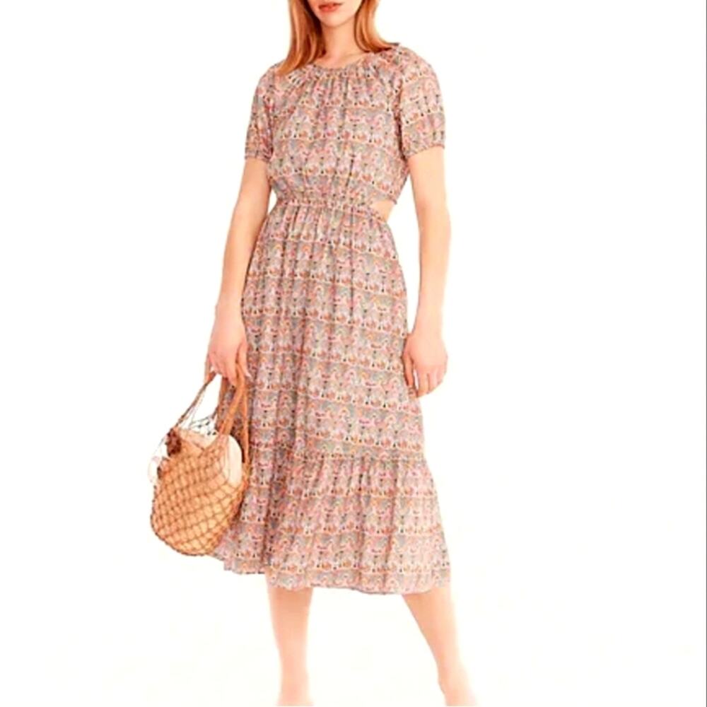 J Crew Liberty Fabric Floral Dress Side Cut Out Midi Boho Summer Blue Pink 6